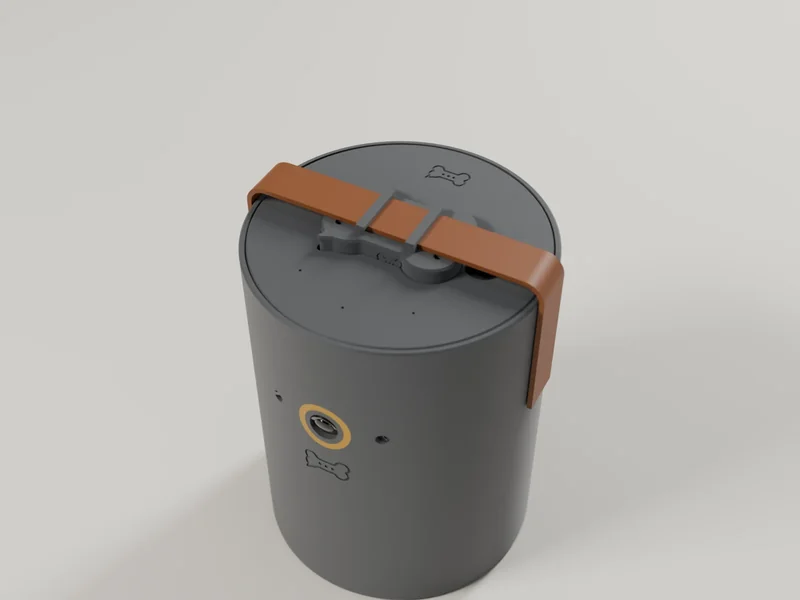Render of a graphite Plus base from above, with the tag and its collar strap docked in the top.