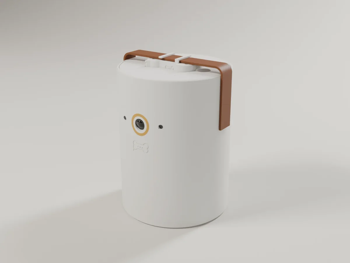 Render of the Plus base: a white cylinder with the Bark Tag docked in its top and the collar draped over it, a camera lens in a gold ring and the bone logo on its front.